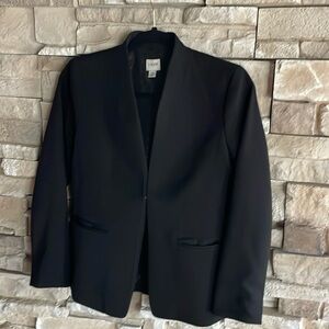 J Crew black collarless blazer.